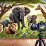 DALL·E 2025-02-14 17.18.57 – A wide panoramic scene featuring various animals in a natural setting, including a lion, elephant, giraffe, and monkey. In the foreground, a professio